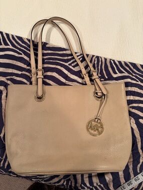 Michael Kors Cream Leather Shoulder Tote with Gold MK Charm
